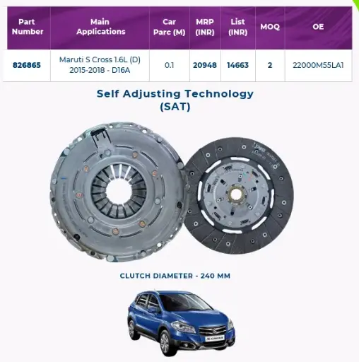 [VA 826865] Clutch Set Maruti S cross 1.6L (D) 2015-2018 D16A OE 22000M55LA1